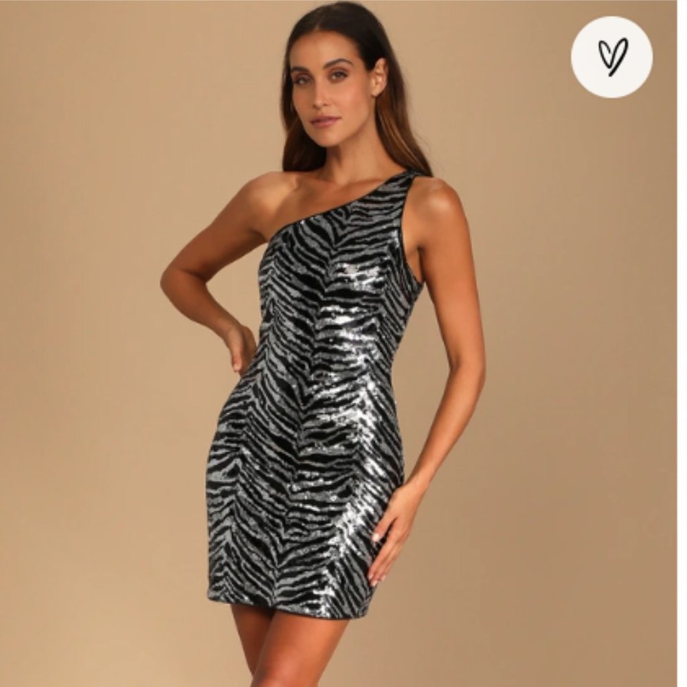 Sequin Zebra Print One-Shoulder Mini Dress